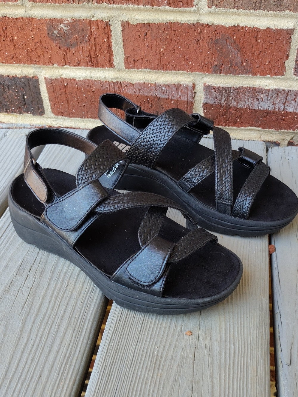 DREW Black Textured Strappy Wedge Sandals